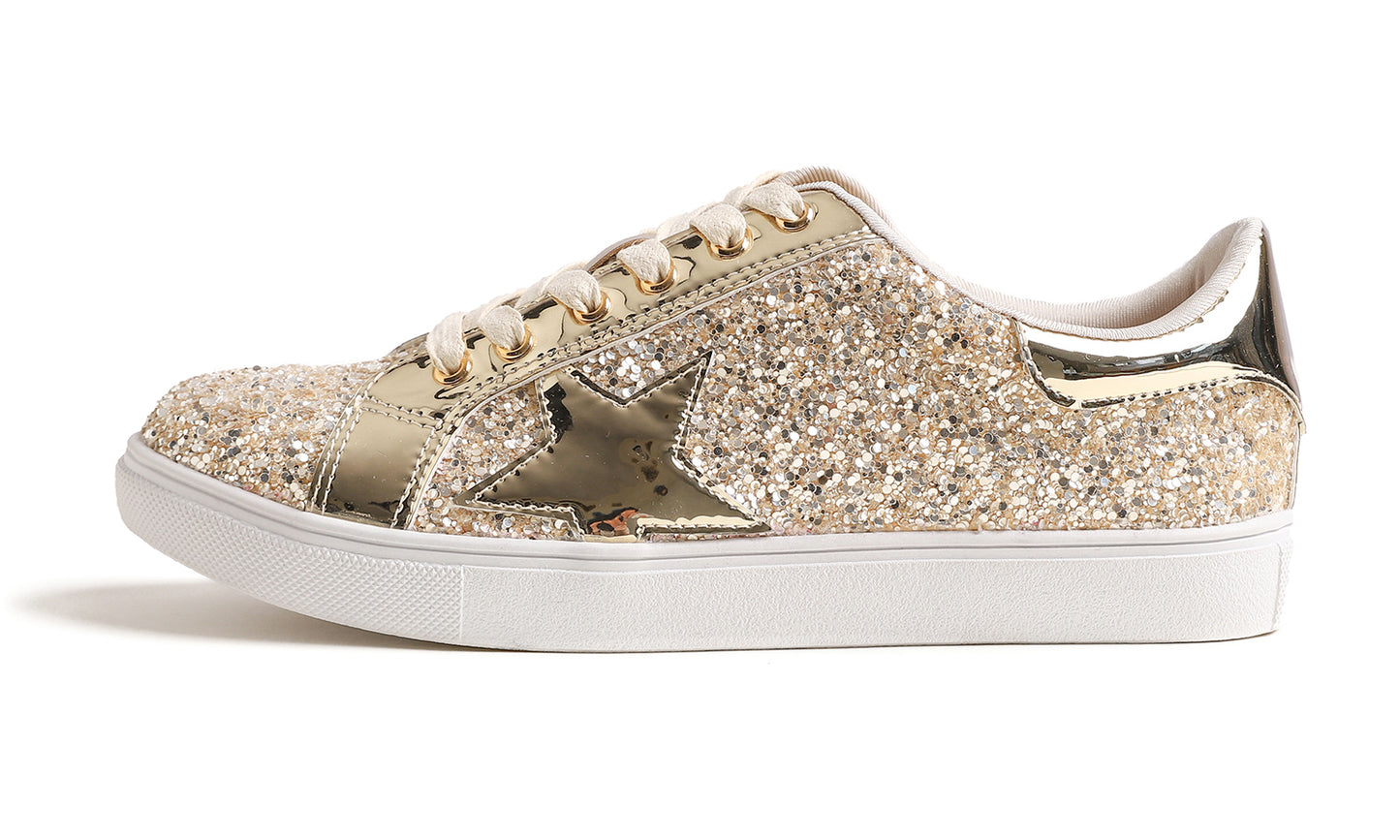 Feversole Women's Fashion Lace Up Dress Sneakers Sparkly Party Shiny Shoes Star Glitter