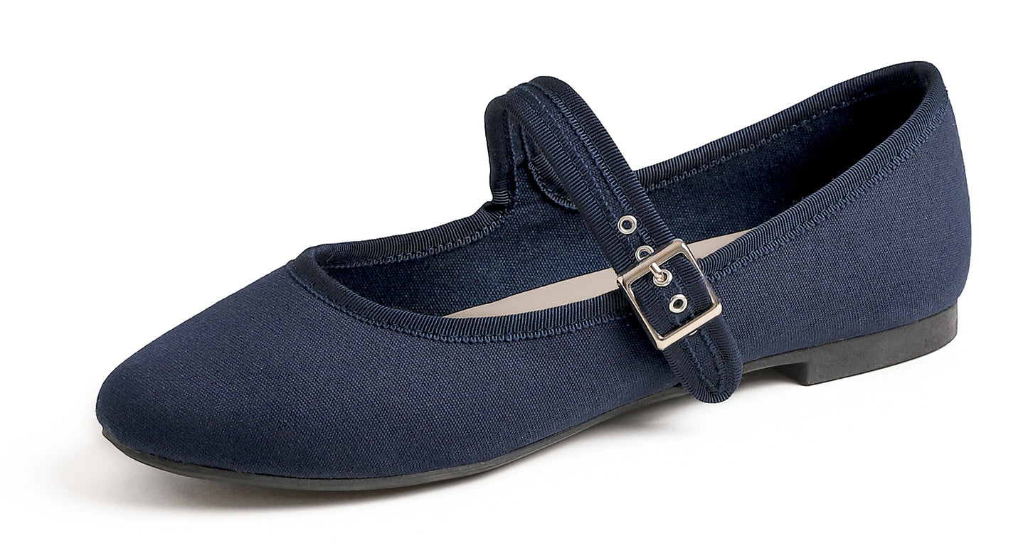 Feversole Women's Soft Cushion Extra Padded Comfort Round Toe Mary Jane Metal Buckle Fashion Ballet Flats Walking Shoes Canvas