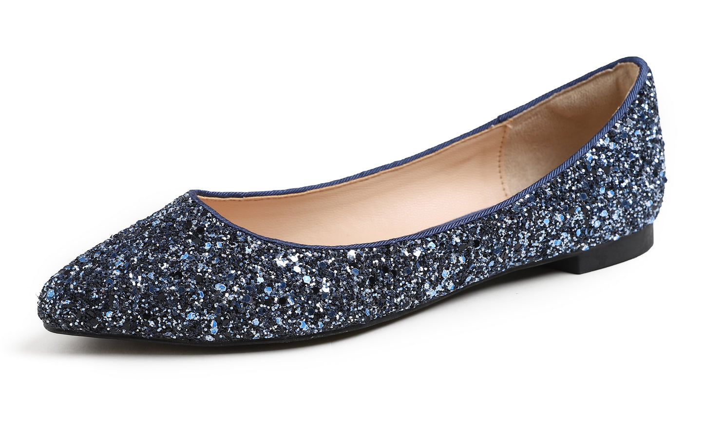 Feversole Women's Fashion Pointed Toe Classic Dressy Shiny Comfort Cushioned Flats Glitter