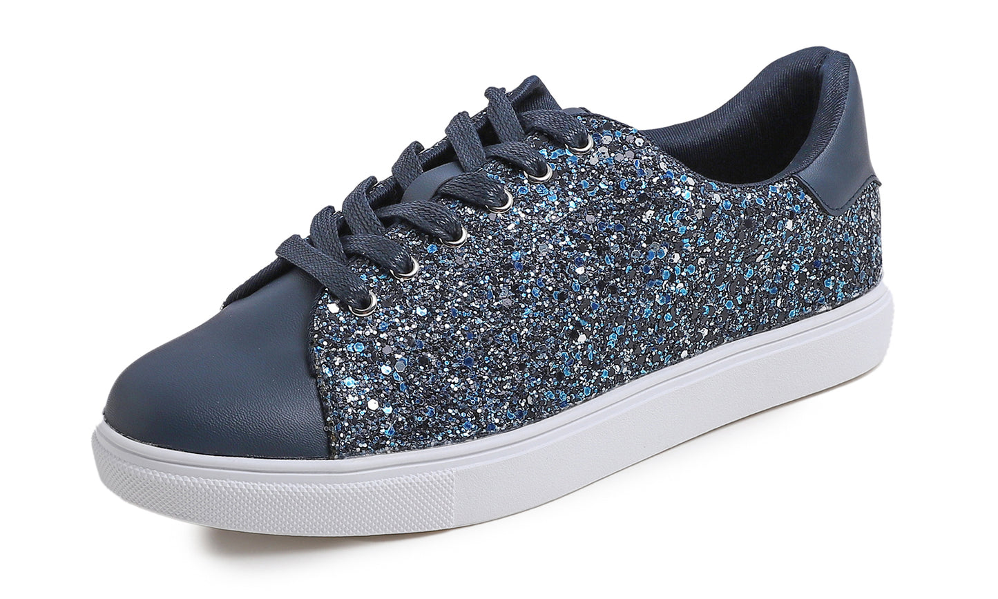 Feversole Women's Fashion Lace Up Dress Sneakers Sparkly Party Shiny Shoes Glitter Lace