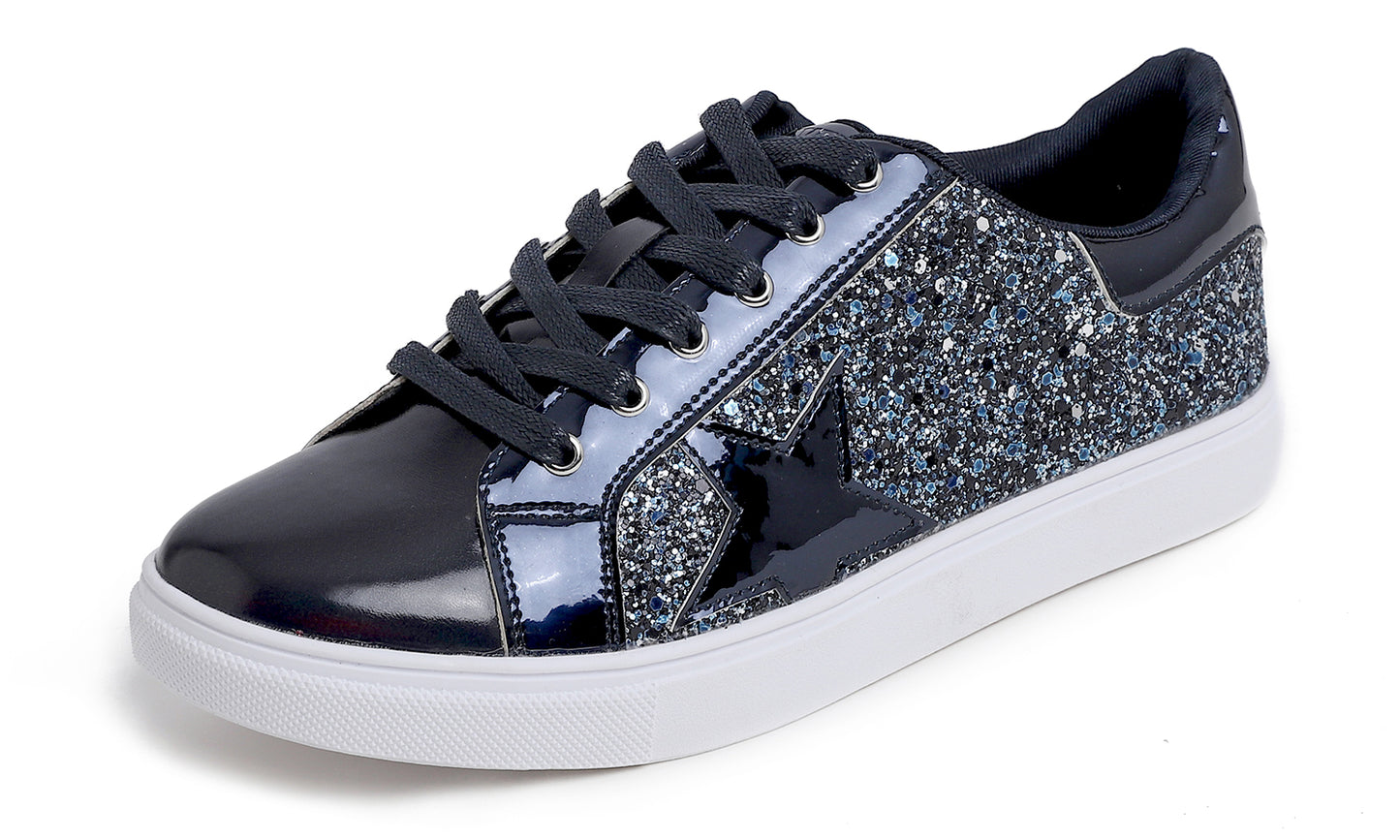 Feversole Women's Fashion Lace Up Dress Sneakers Sparkly Party Shiny Shoes Star Glitter