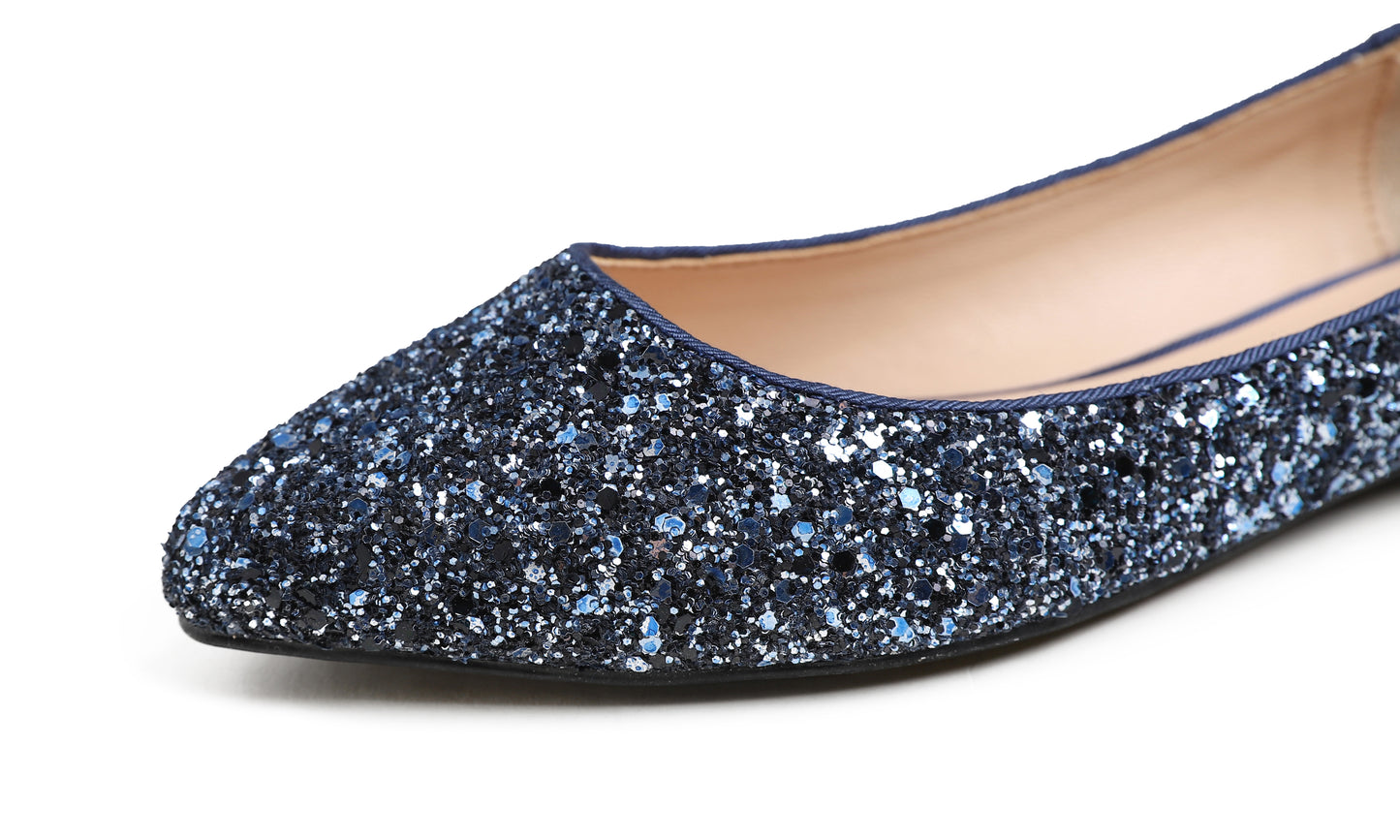 Feversole Women's Fashion Pointed Toe Classic Dressy Shiny Comfort Cushioned Flats Glitter