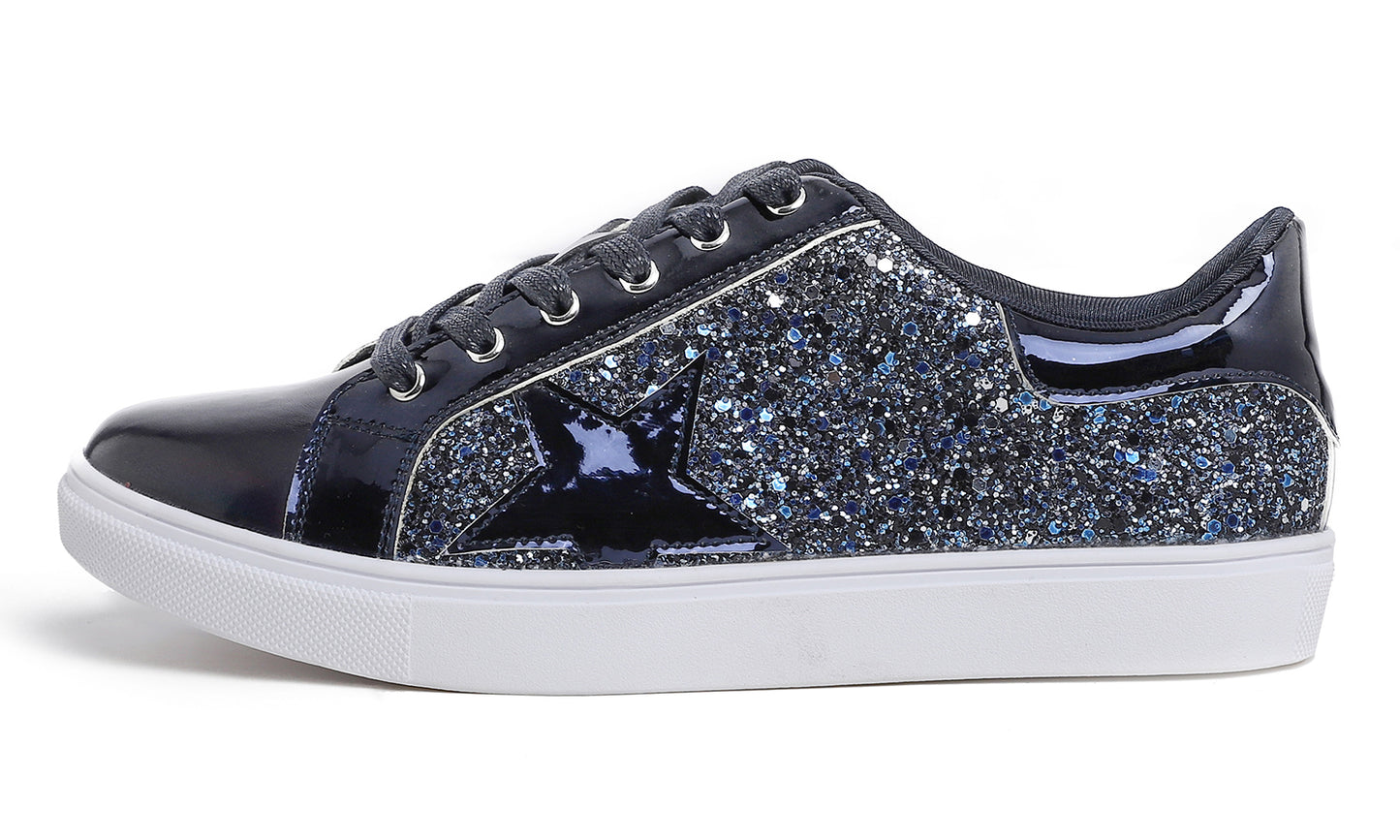 Feversole Women's Fashion Lace Up Dress Sneakers Sparkly Party Shiny Shoes Star Glitter