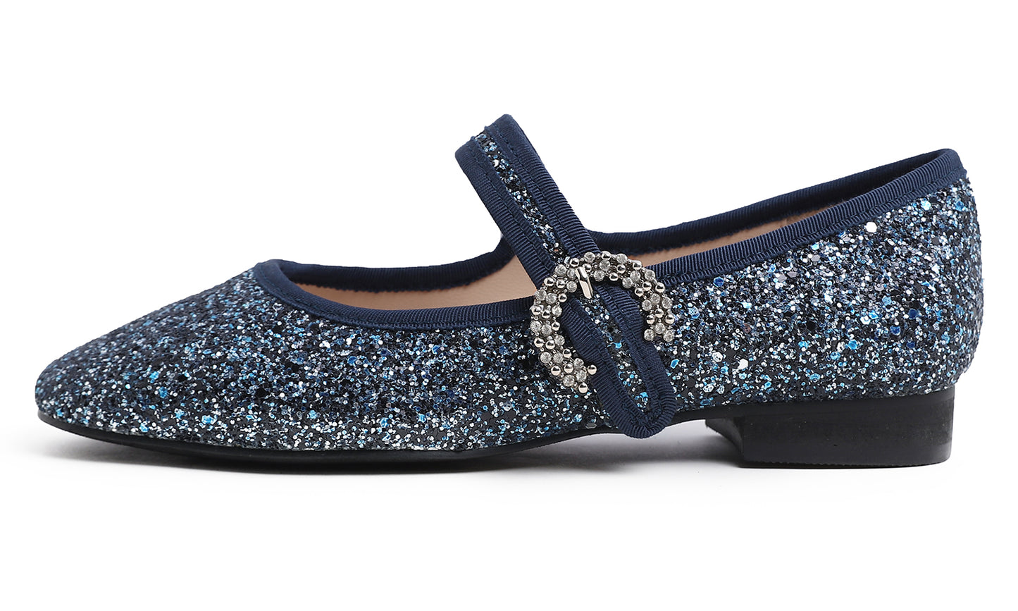 Feversole Women's Mary Jane Fashion Square Toe Easy Buckle Low Heel Slip On Flats Glitters Rhinestone