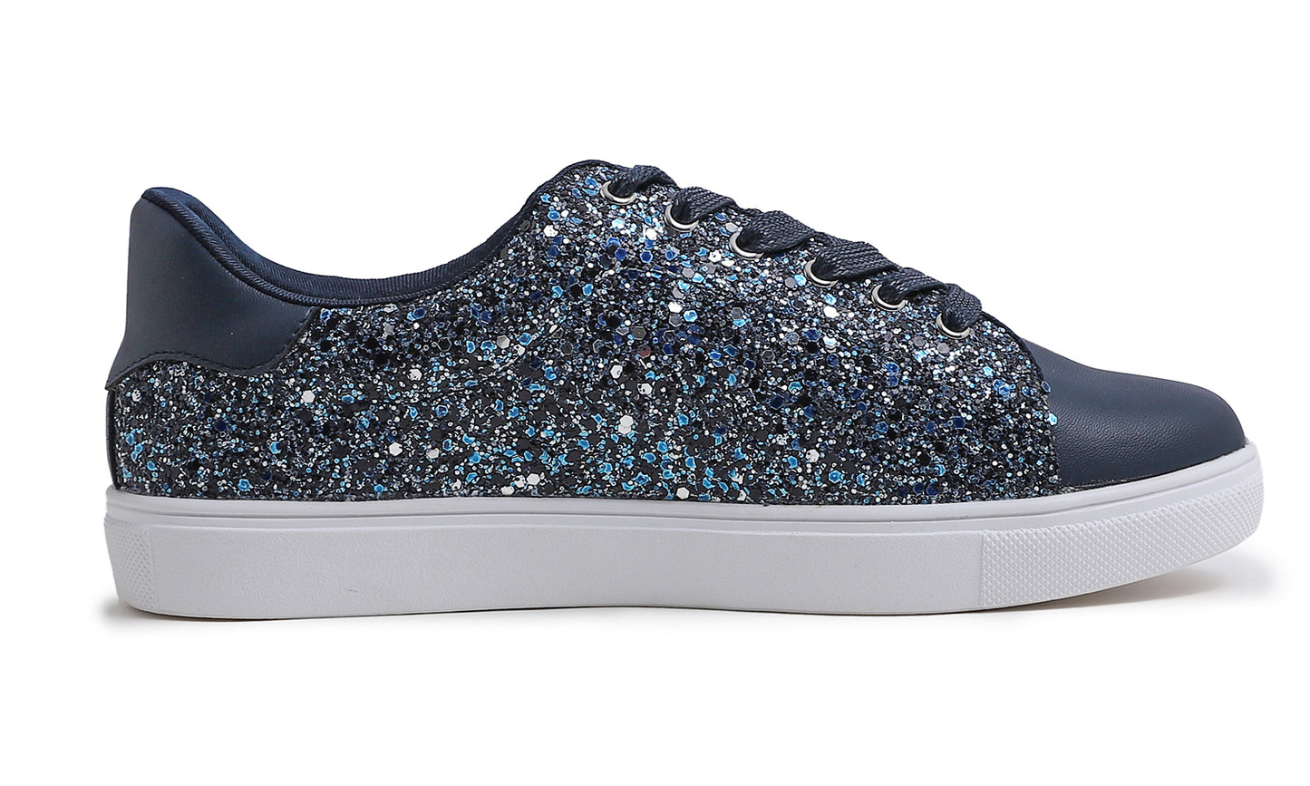 Feversole Women's Fashion Lace Up Dress Sneakers Sparkly Party Shiny Shoes Glitter Lace