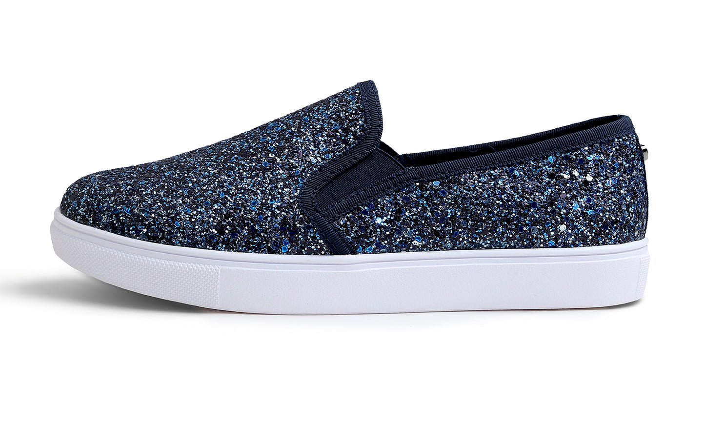 Feversole Women's Fashion Sparkly Slip On Sneaker for Winter Fur Lined Party Holiday Flat Loafers Glitter