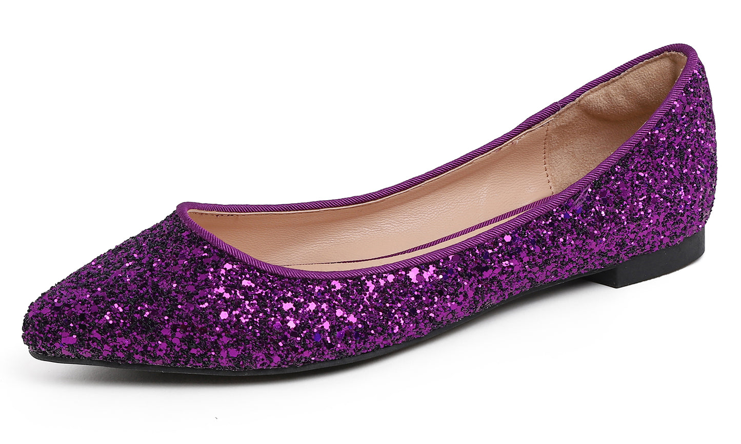 Feversole Women's Fashion Pointed Toe Classic Dressy Shiny Comfort Cushioned Flats Glitter