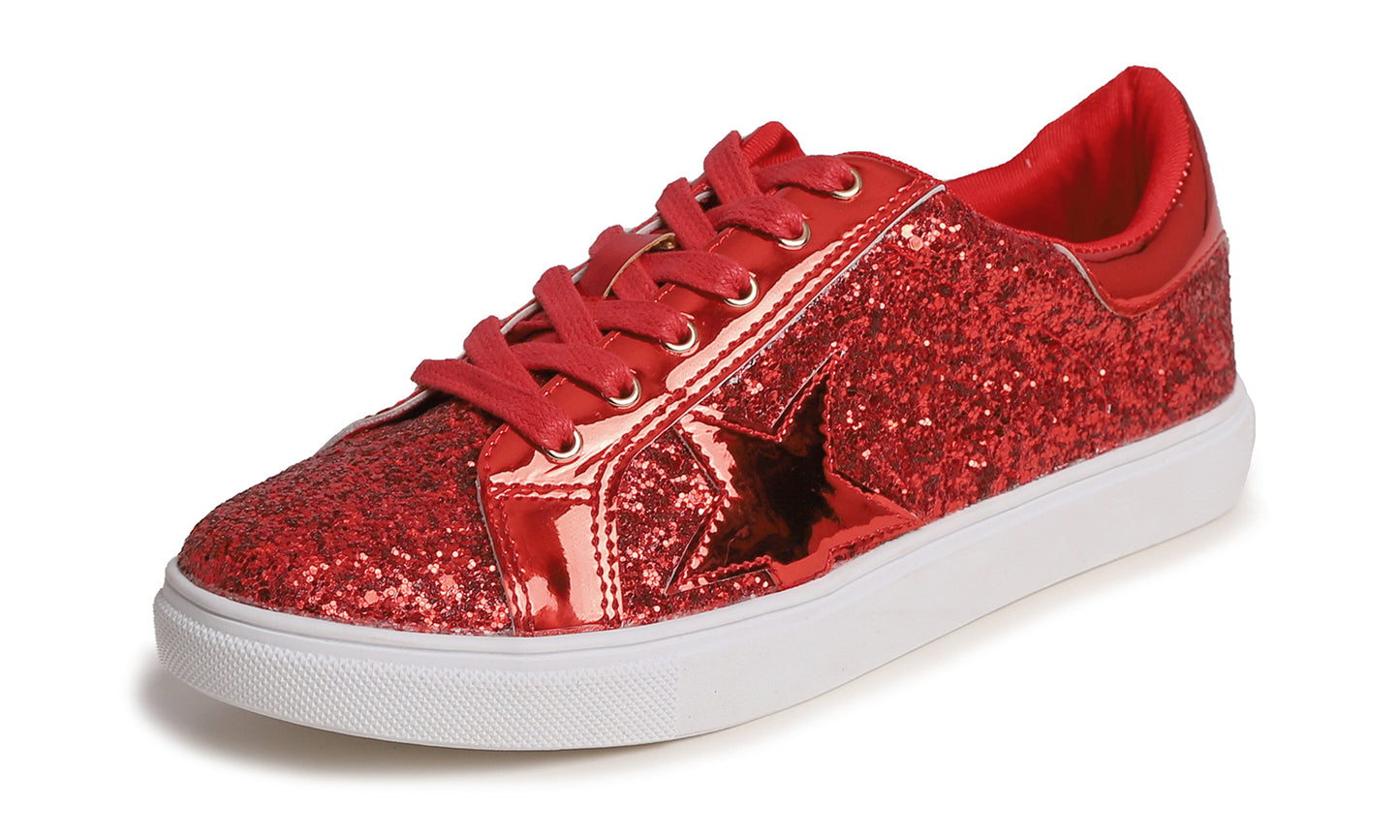 Feversole Women's Fashion Lace Up Dress Sneakers Sparkly Party Shiny Shoes Star Glitter