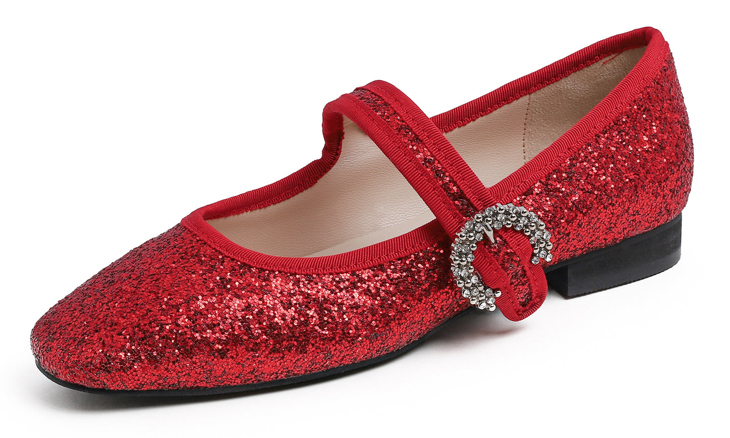 Feversole Women's Mary Jane Fashion Square Toe Easy Buckle Low Heel Slip On Flats Glitters Rhinestone