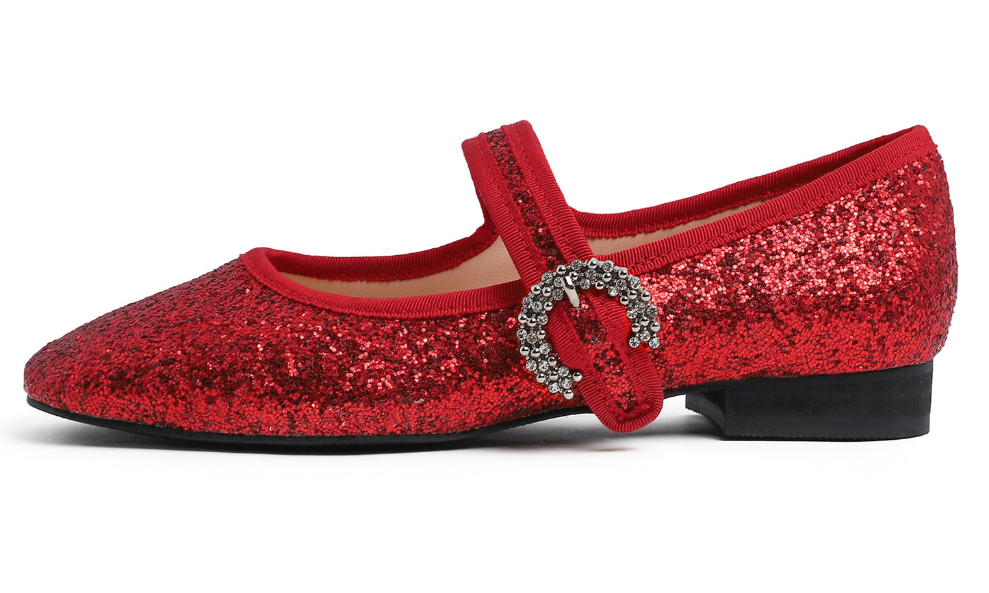 Feversole Women's Mary Jane Fashion Square Toe Easy Buckle Low Heel Slip On Flats Glitters Rhinestone