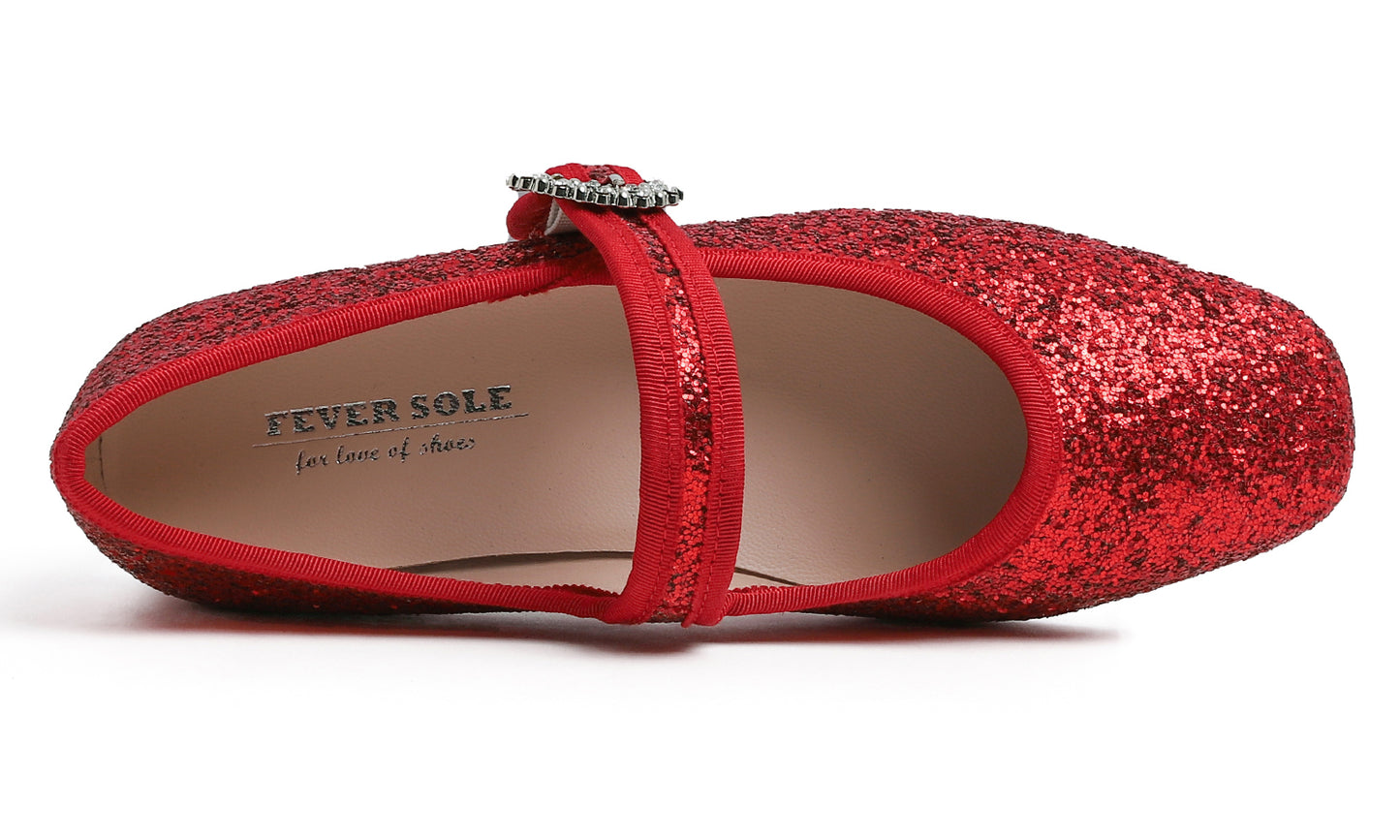 Feversole Women's Mary Jane Fashion Square Toe Easy Buckle Low Heel Slip On Flats Glitters Rhinestone