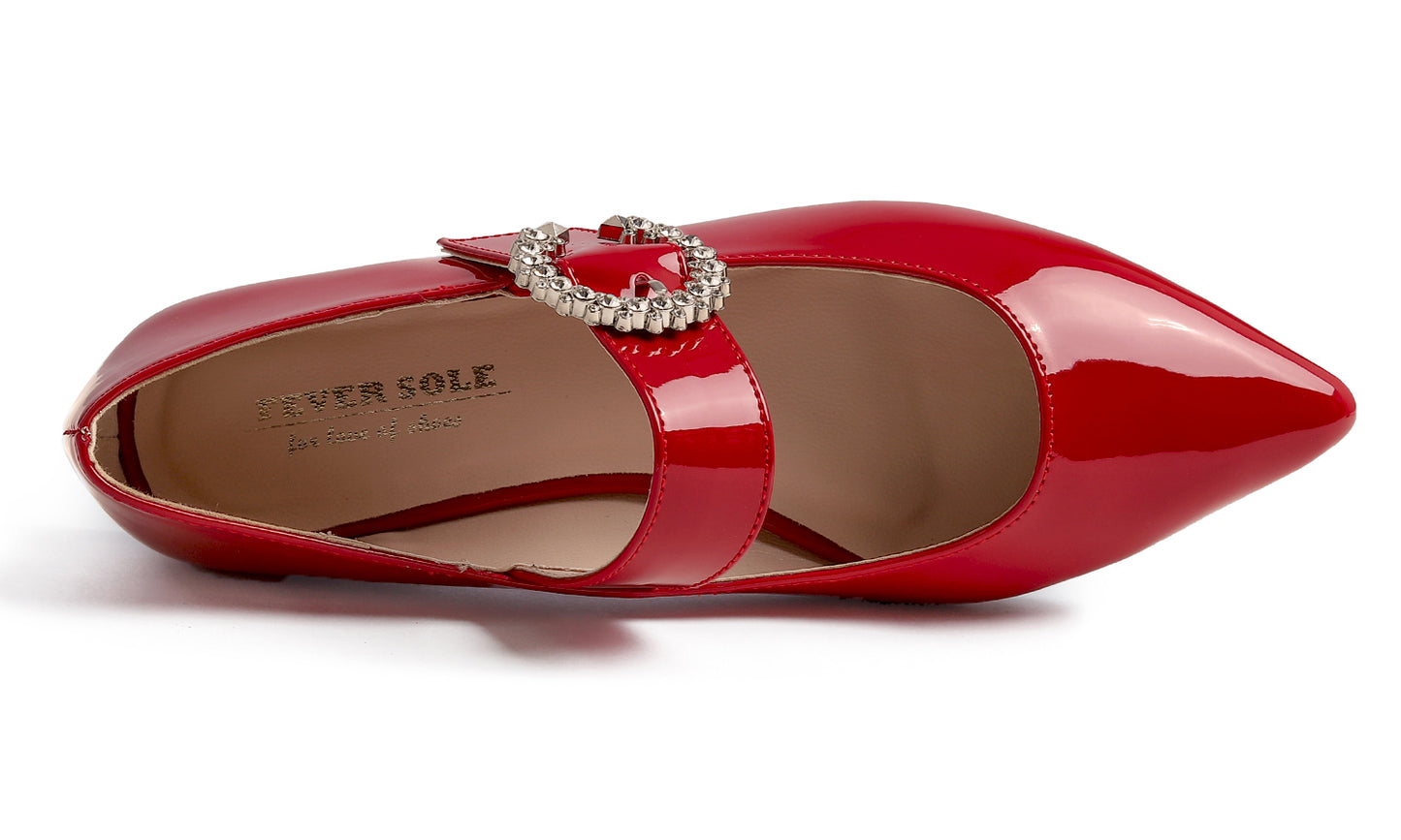 Feversole Women's Pointed Mary Jane Shoes Fashion Strap Buckle Slip On Flats Rhinestone Buckle