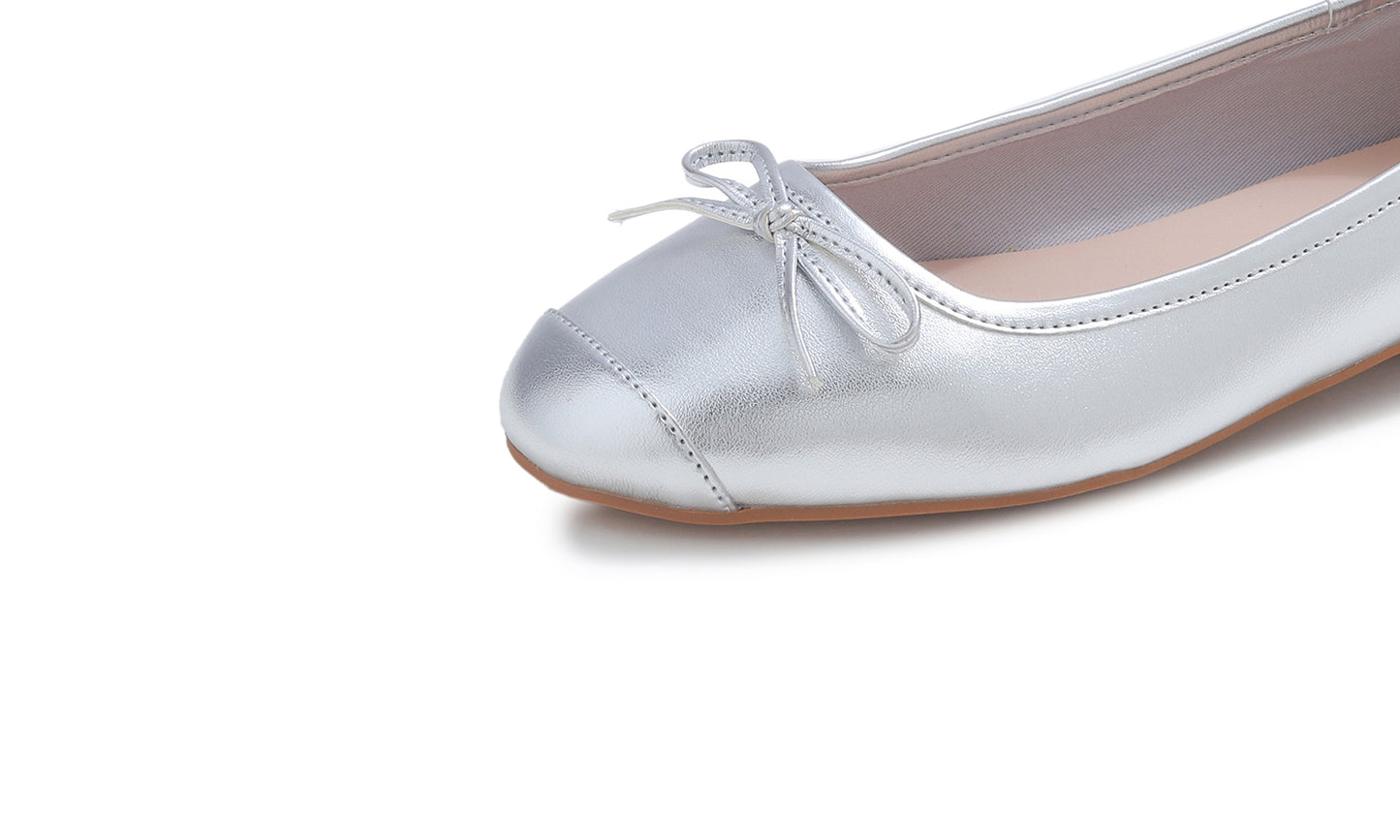 Feversole Women's Square Toe Fashion Bow Tie Dress Slip On Ballet Flats Metallic Vegan Leather