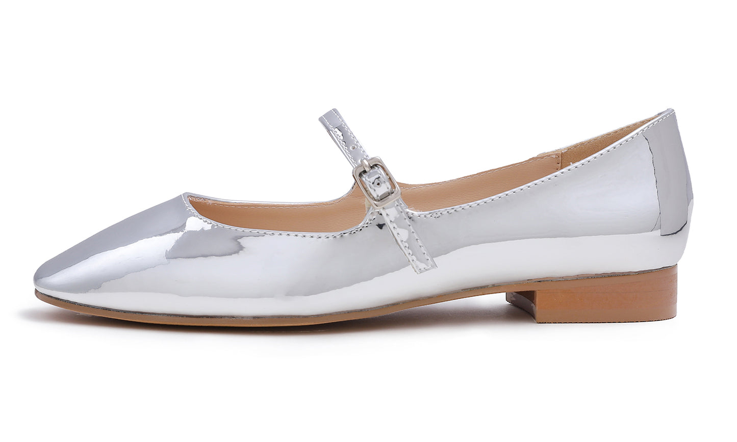 Feversole Women's Mary Jane Fashion Square Toe Easy Buckle Low Heel Slip On Flats Vegan Mirror Leather