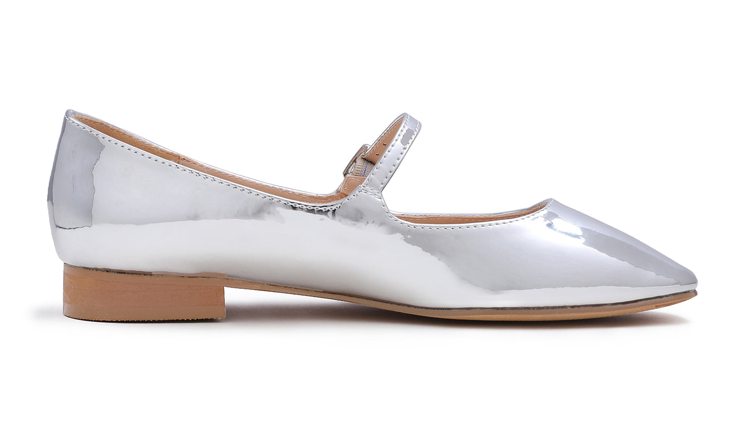 Feversole Women's Mary Jane Fashion Square Toe Easy Buckle Low Heel Slip On Flats Vegan Mirror Leather