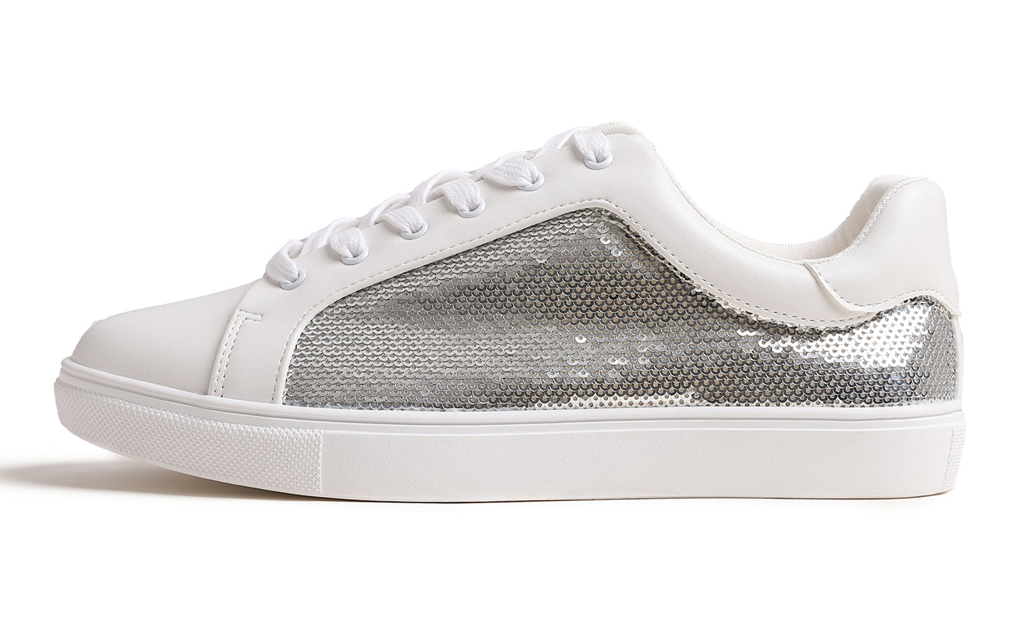 Feversole Women's Fashion Dress Sneakers Party Bling Casual Flats Embellished Shoes Sequin Lace Up