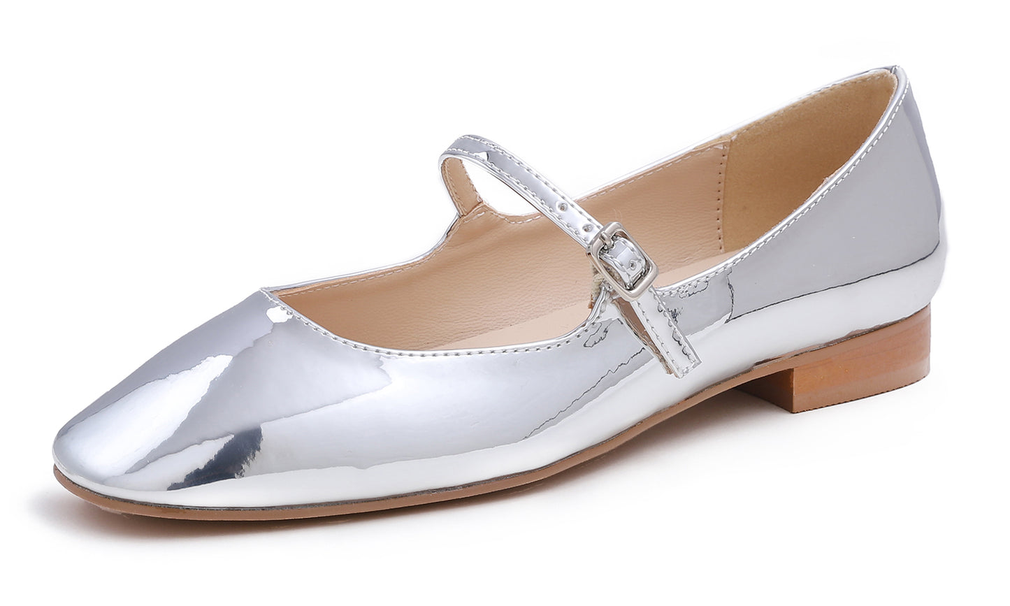 Feversole Women's Mary Jane Fashion Square Toe Easy Buckle Low Heel Slip On Flats Vegan Mirror Leather