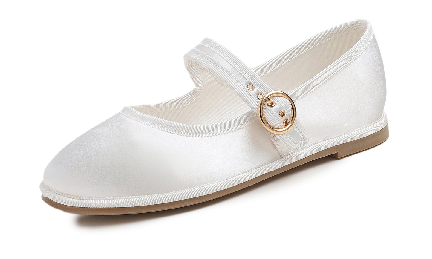 Feversole Women's Soft Classic Mary Jane Memory Foam Cushioned Comfort Round Toe Metal Buckle Flats Walking Shoes Satin Silky