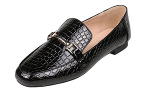 Feversole Women's Fashion Trim Deco Loafer Flats Black Croc Vegan Leather