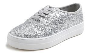 Feversole Women's Fashion Dress Sneakers Party Bling Casual Flats Embellished Shoes Silver Platform Glitter Lace