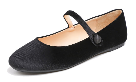 Feversole Women's Mary Jane Fashion Round Toe Easy Buckle Slip On Flats Black Velvet