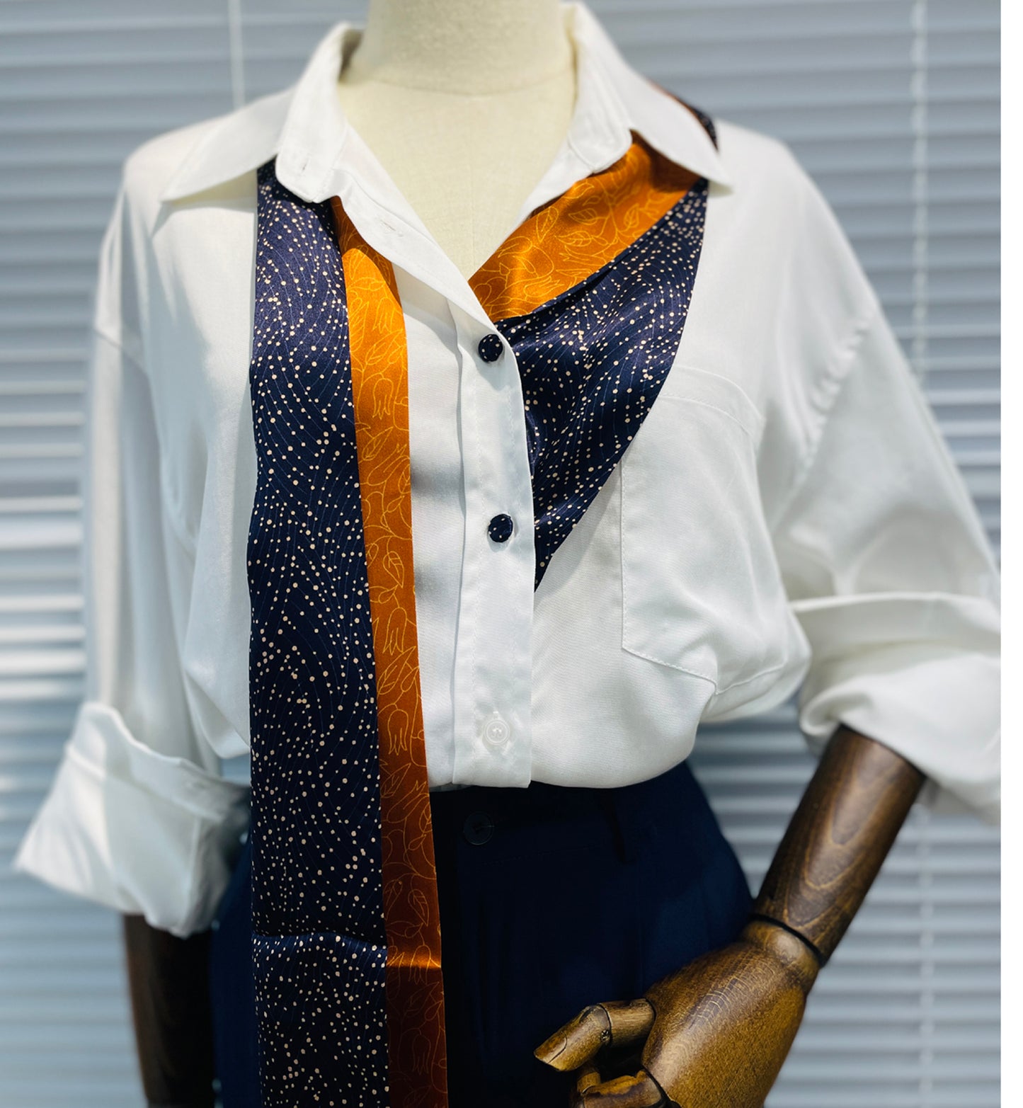 BREEZE NOUTHERLY Women's 100% Pure Mulberry Silk Scarf Double Sided Rectangle Tie Head Neck Waist Strip-17X150 Navy Orange Leaves