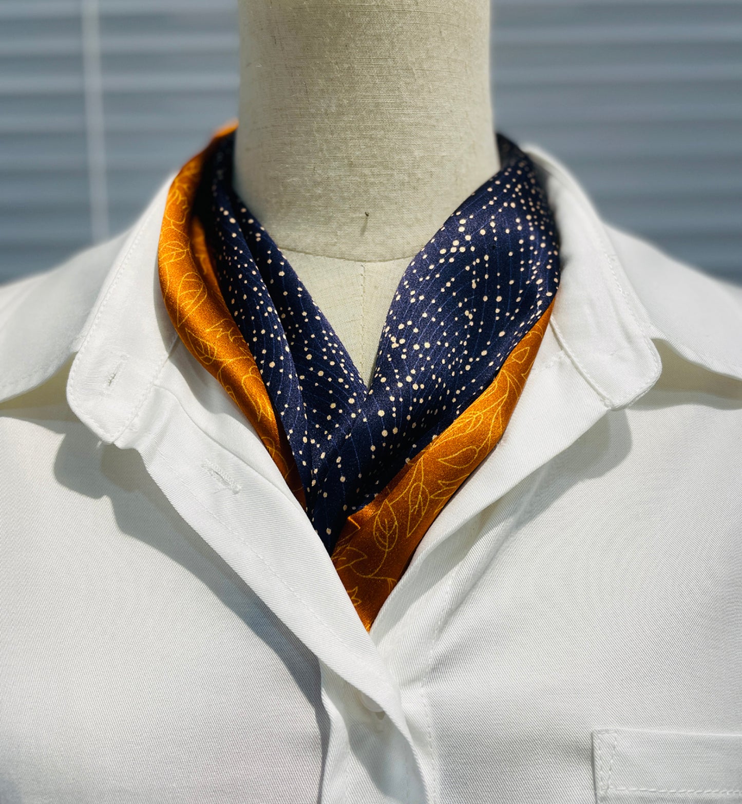 BREEZE NOUTHERLY Women's 100% Pure Mulberry Silk Scarf Double Sided Rectangle Tie Head Neck Waist Strip-17X150 Navy Orange Leaves