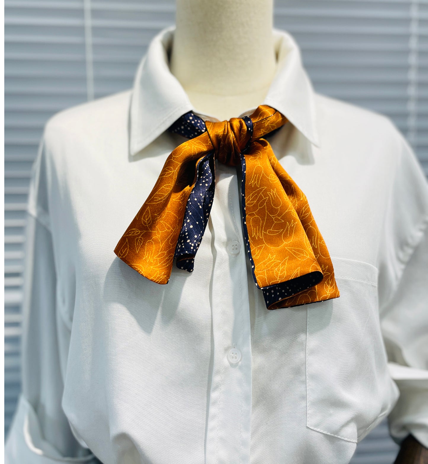BREEZE NOUTHERLY Women's 100% Pure Mulberry Silk Scarf Double Sided Rectangle Tie Head Neck Waist Strip-17X150 Navy Orange Leaves
