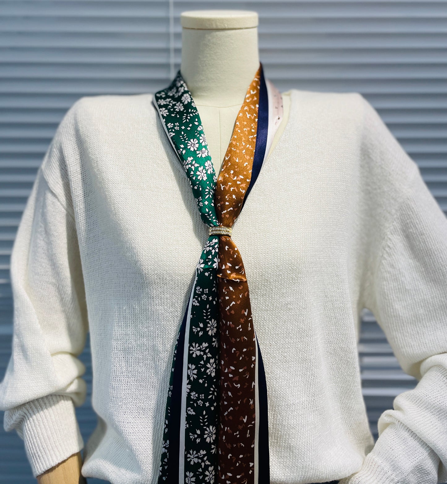 BREEZE NOUTHERLY Women's 100% Pure Mulberry Silk Scarf Double Sided Rectangle Tie Head Neck Waist Strip-17X150 Green Brown Flower