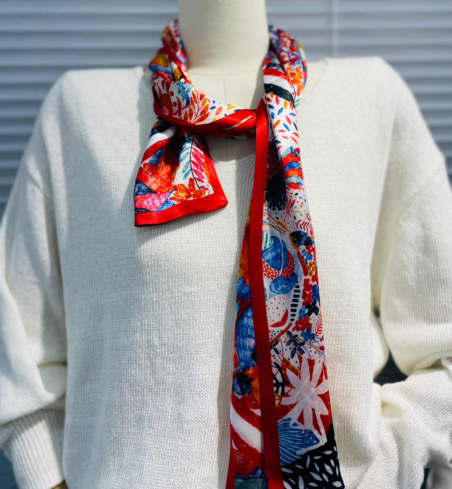 BREEZE NOUTHERLY Women's 100% Pure Mulberry Silk Scarf Double Sided Rectangle Tie Head Neck Waist Strip-17X150 Red Flower Bush