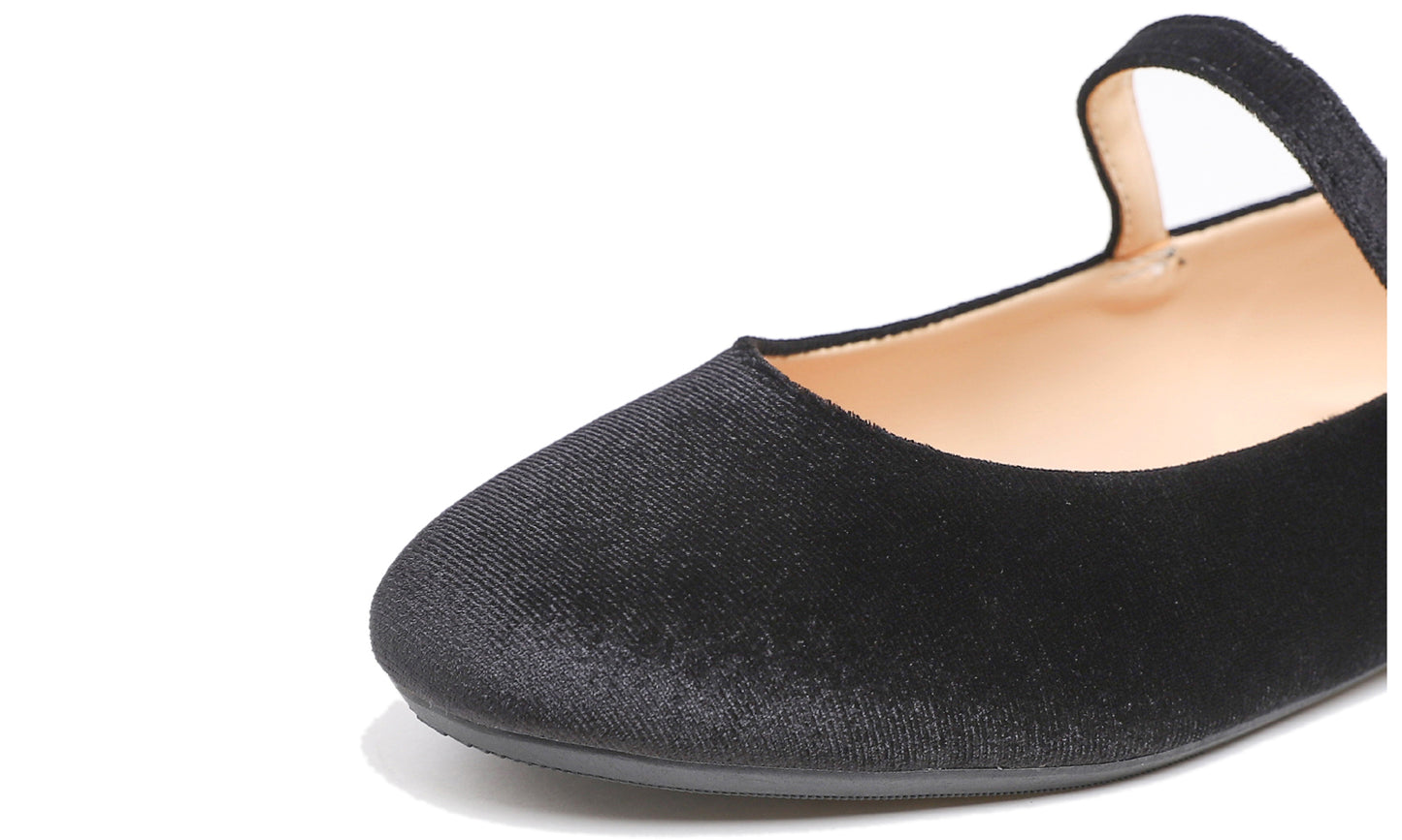 Feversole Women's Mary Jane Fashion Round Toe Easy Buckle Slip On Flats Black Velvet