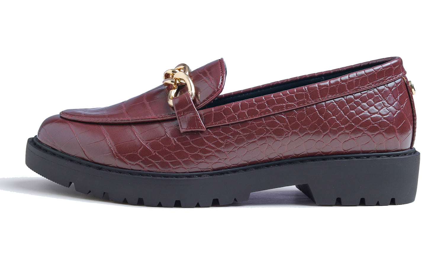 Feversole Women's Fashion Trim Deco Loafer Flats Burgundy Croc Vegan Leather Chain Platform