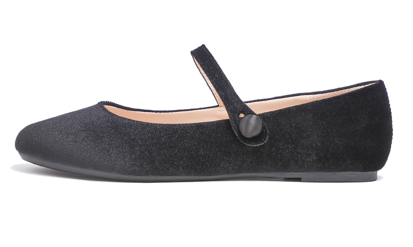 Feversole Women's Mary Jane Fashion Round Toe Easy Buckle Slip On Flats Black Velvet