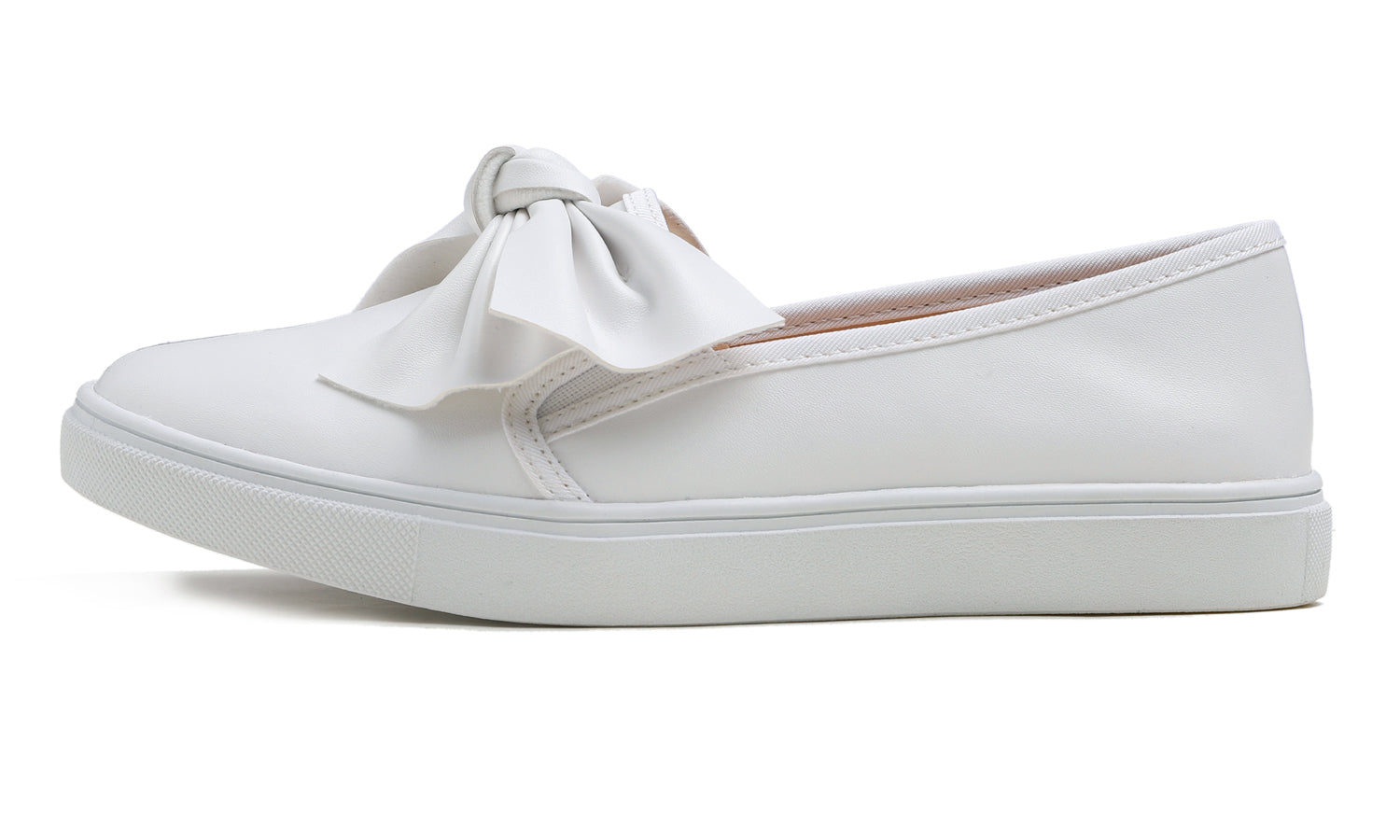 Feversole Women's Casual Slip On Sneaker Comfort Cupsole Loafer Flats White Bow Vegan Leather