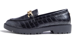 Feversole Women's Fashion Trim Deco Loafer Flats Black Croc Vegan Leather Chain Platform
