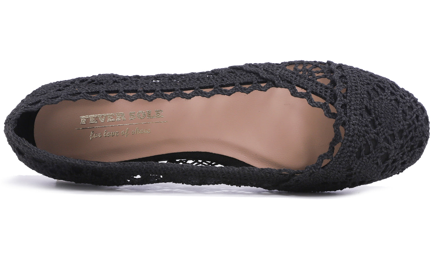 Feversole Round Toe Lace Ballet Crochet Flats Women's Comfy Breathable Shoes Black Knit Crochet