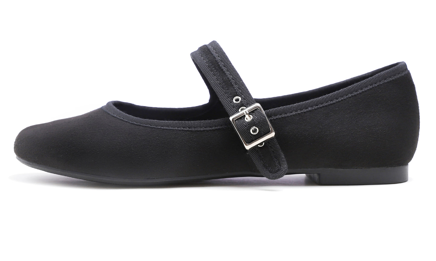 Feversole Women's Soft Cushion Extra Padded Comfort Round Toe Mary Jane Metal Buckle Black Faux SuedeFashion Ballet Flats Walking Shoes