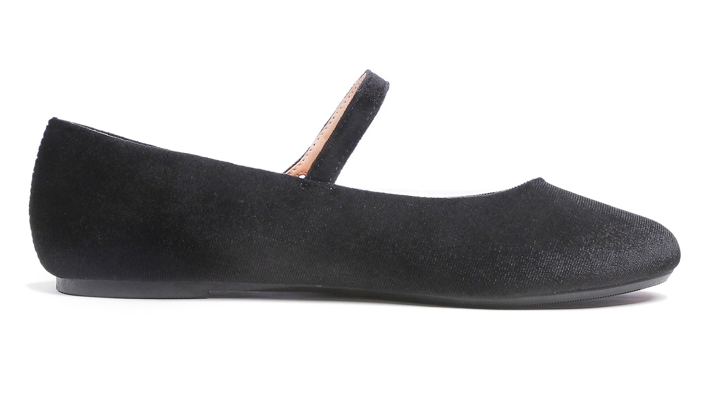 Feversole Women's Mary Jane Fashion Round Toe Easy Buckle Slip On Flats Black Velvet