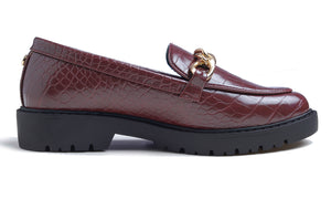 Feversole Women's Fashion Trim Deco Loafer Flats Burgundy Croc Vegan Leather Chain Platform
