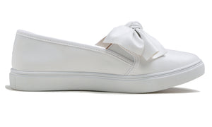 Feversole Women's Casual Slip On Sneaker Comfort Cupsole Loafer Flats White Bow Vegan Leather
