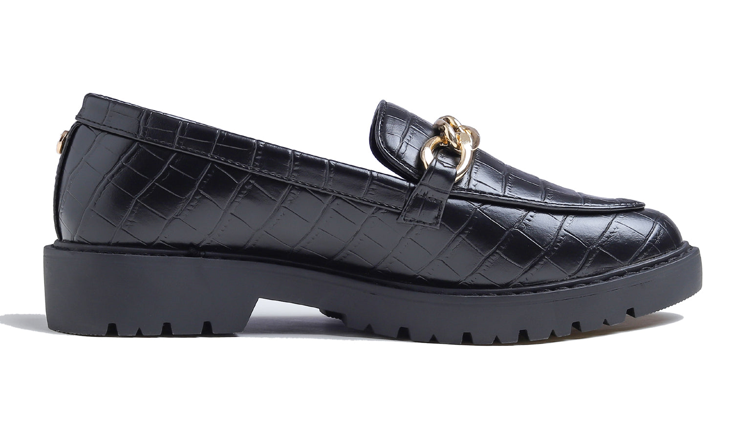 Feversole Women's Fashion Trim Deco Loafer Flats Black Croc Vegan Leather Chain Platform