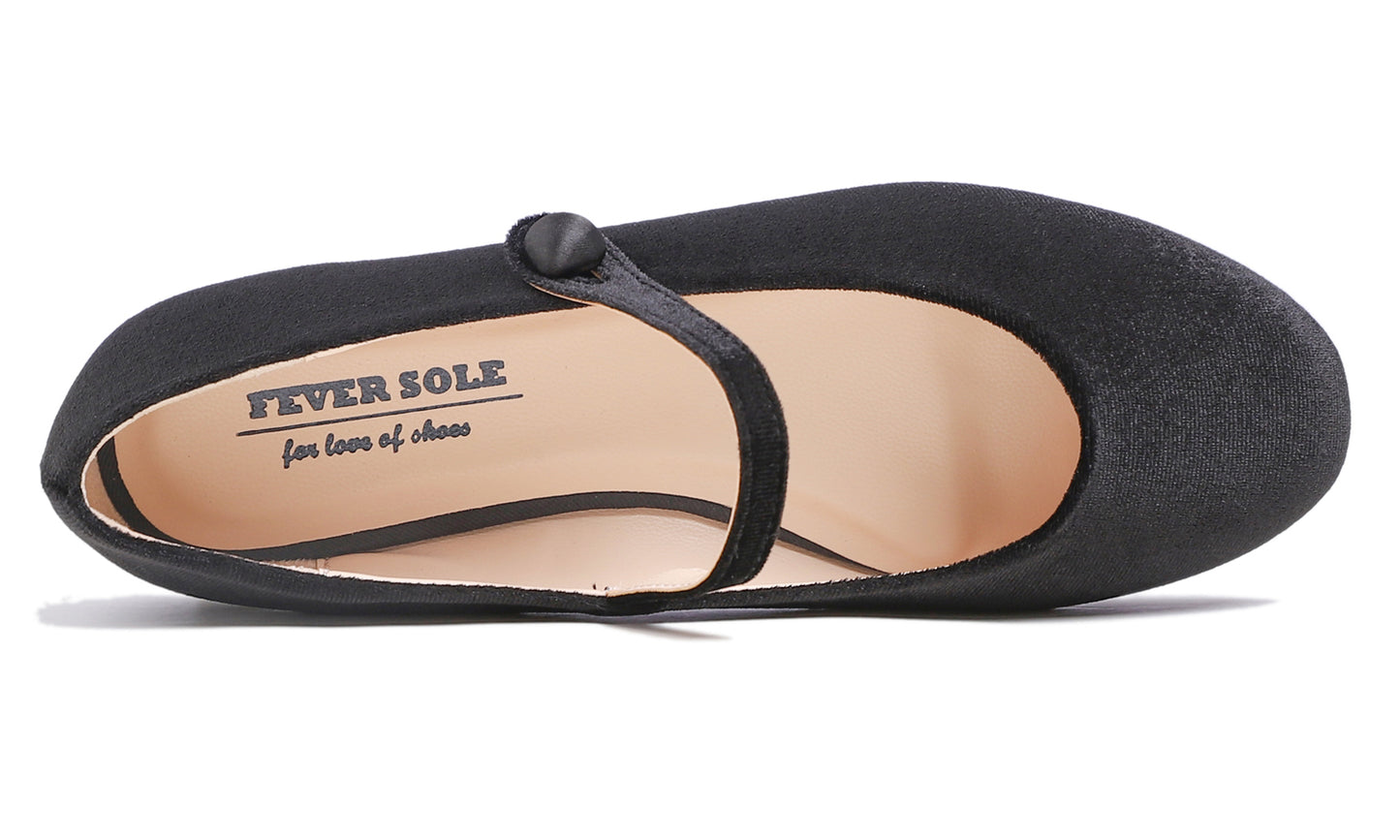 Feversole Women's Mary Jane Fashion Round Toe Easy Buckle Slip On Flats Black Velvet