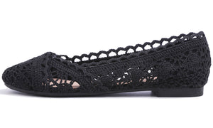 Feversole Round Toe Lace Ballet Crochet Flats Women's Comfy Breathable Shoes Black Knit Crochet