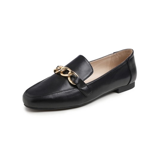 Feversole Women's Fashion Trim Deco Loafer Flats Black Plain Vegan Leather Chain