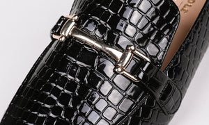 Feversole Women's Fashion Trim Deco Loafer Flats Black Croc Vegan Leather