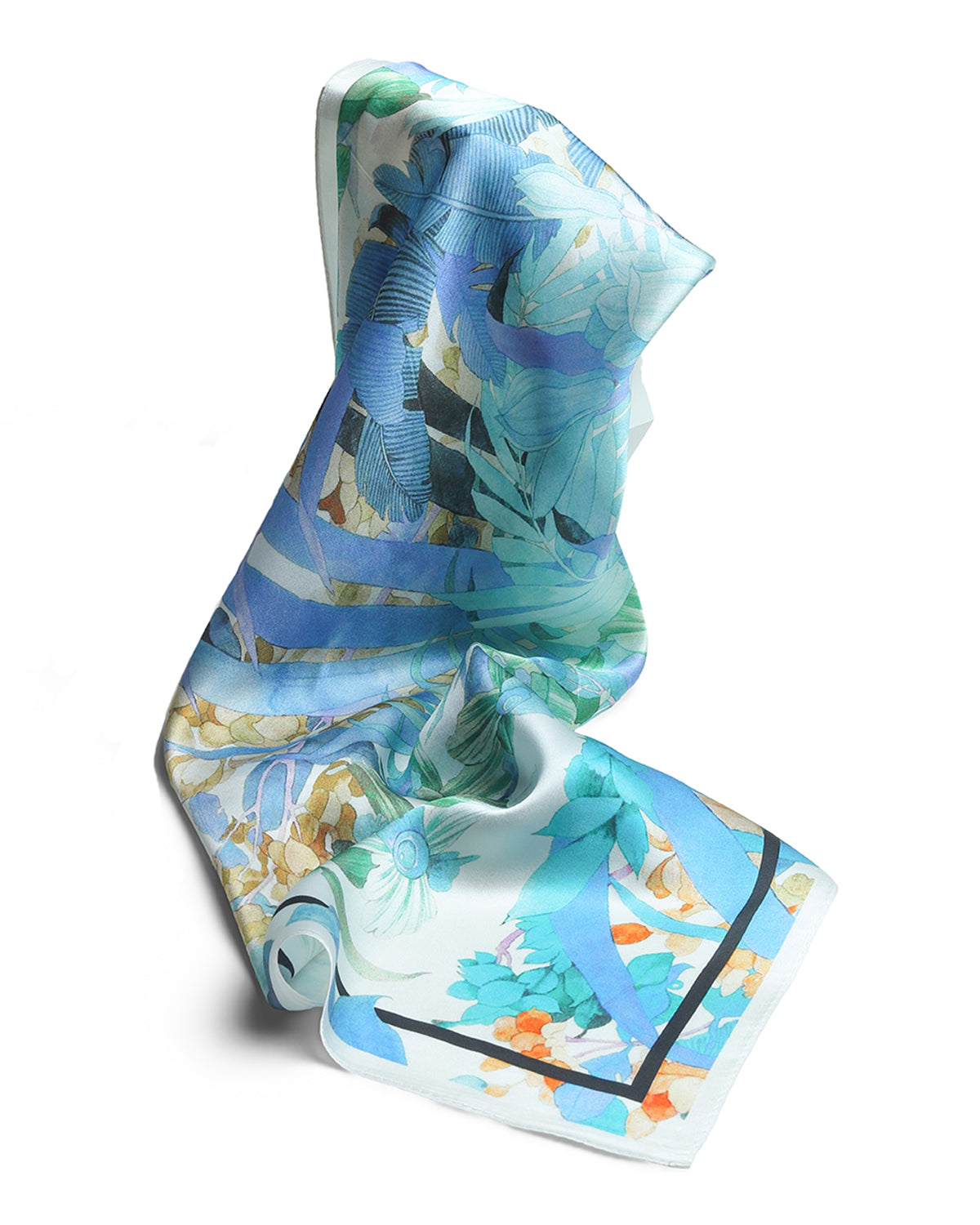 BREEZE NOUTHERLY 100% Mulberry Silk Square Scarf for Women, 26'' Versatile Hair Neck Bag Scarf Luxury Gift-Aqua Garden