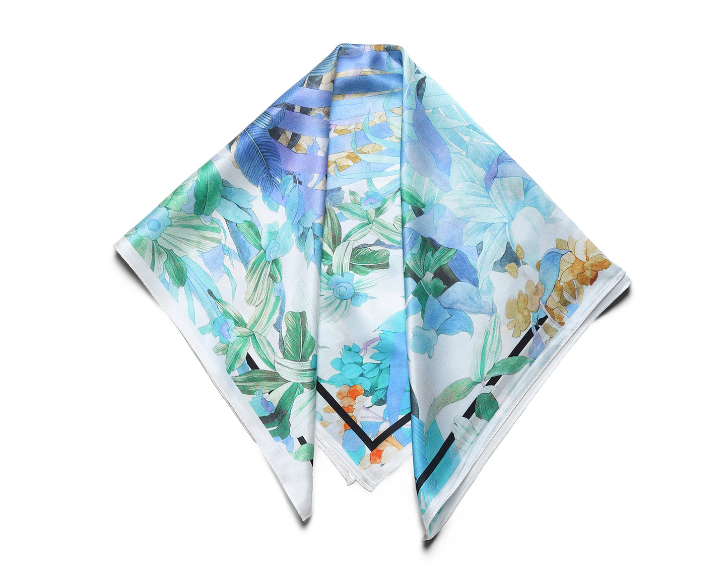 BREEZE NOUTHERLY 100% Mulberry Silk Square Scarf for Women, 26'' Versatile Hair Neck Bag Scarf Luxury Gift-Aqua Garden