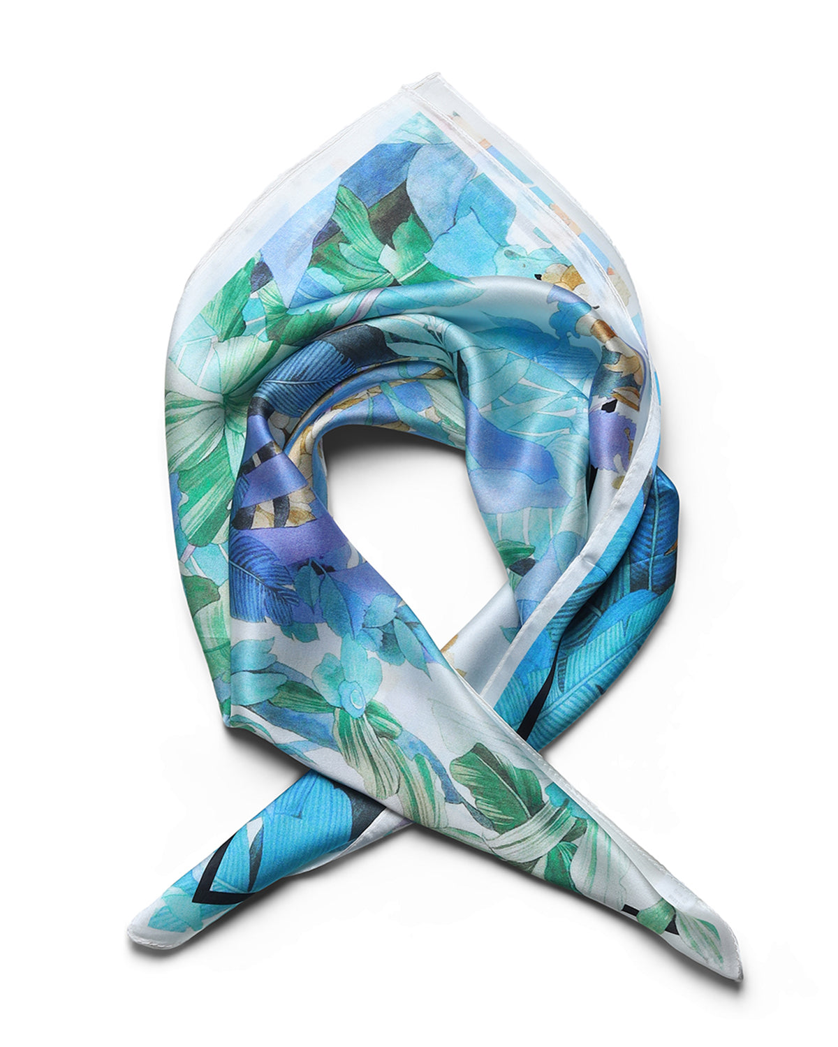 BREEZE NOUTHERLY 100% Mulberry Silk Square Scarf for Women, 26'' Versatile Hair Neck Bag Scarf Luxury Gift-Aqua Garden