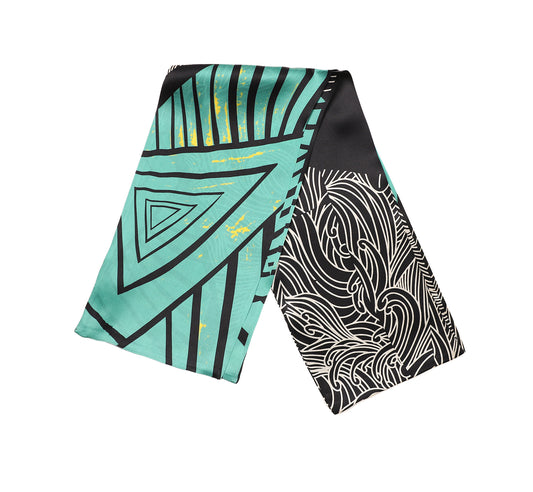 BREEZE NOUTHERLY Women's 100% Pure Mulberry Silk Scarf Double Sided Rectangle Tie Head Neck Waist Strip-17X150 Black Green Geometric