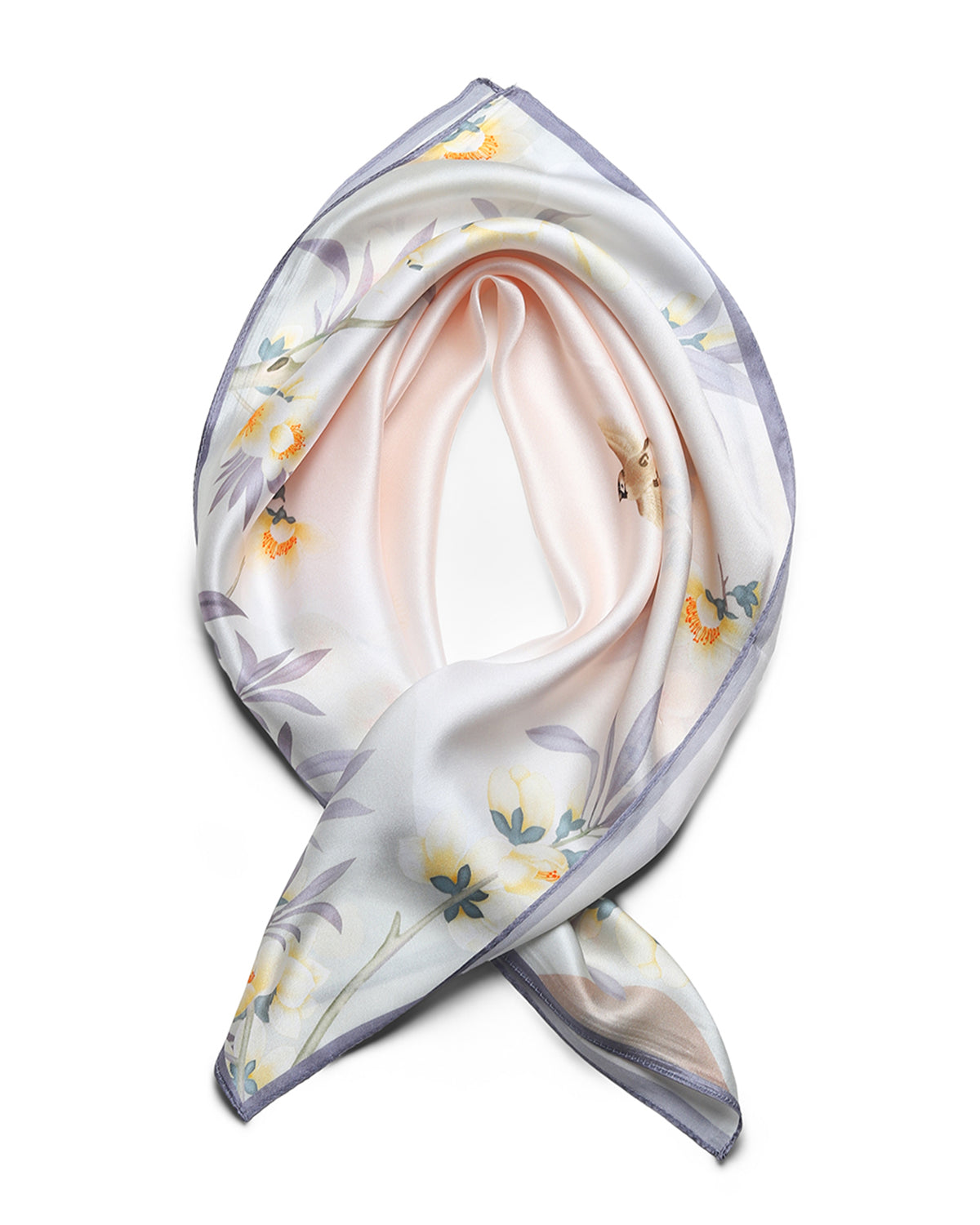 BREEZE NOUTHERLY 100% Mulberry Silk Square Scarf for Women, 26'' Versatile Hair Neck Bag Scarf Luxury Gift-Birds Blooms